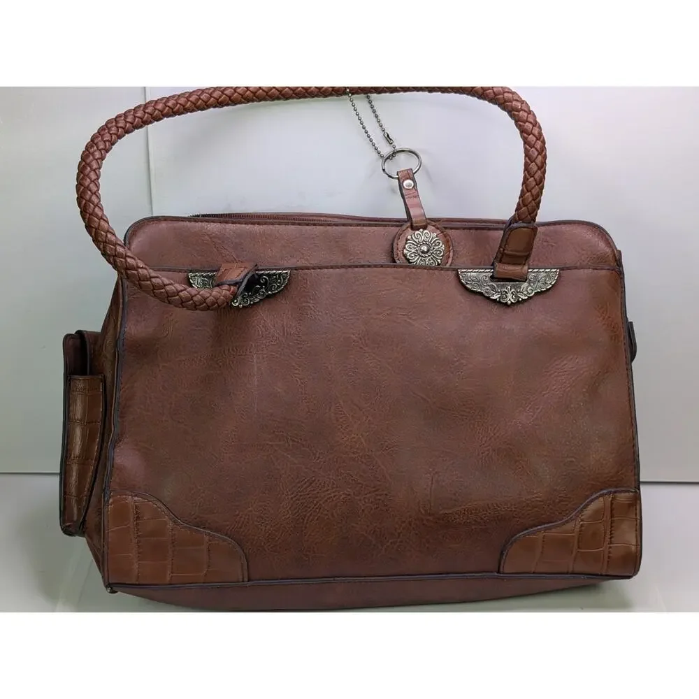 Bueno Brown Faux Leather Satchel Handbag Braided Handles Western Croc Trim